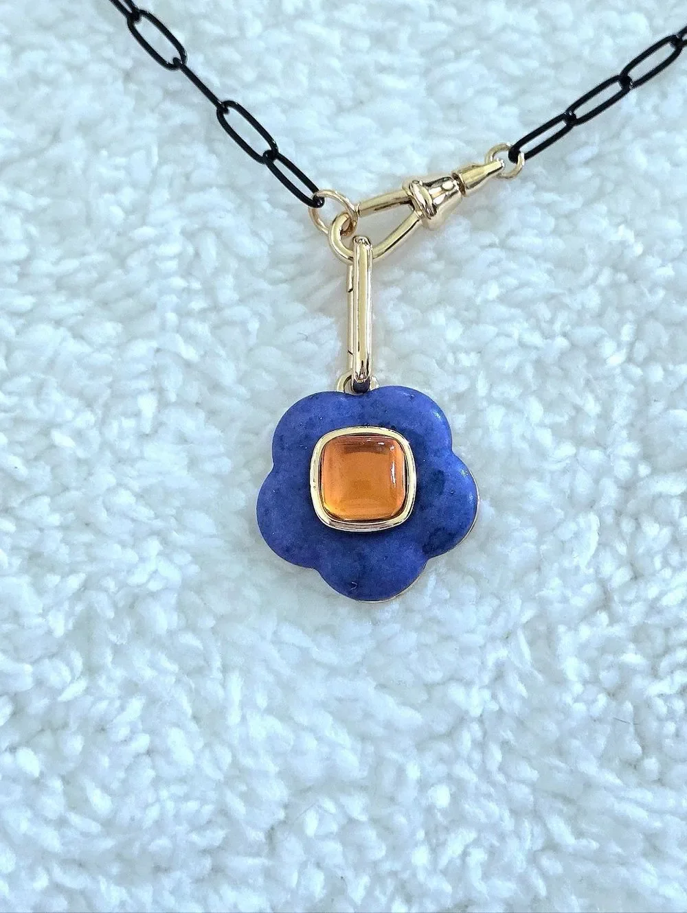 Blue💙 Flower🏵 Pendant Necklace on Black🖤 Paperclip📎 Chain⛓️ - NWOT